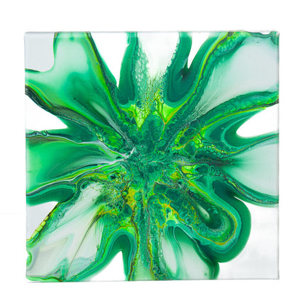 Bright Green, White & Black Bloom Fluid Art Canvas - 10" x 10" with Varnish Finish