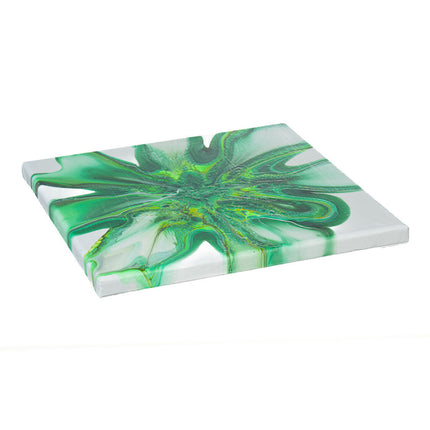 Bright Green, White & Black Bloom Fluid Art Canvas - 10" x 10" with Varnish Finish