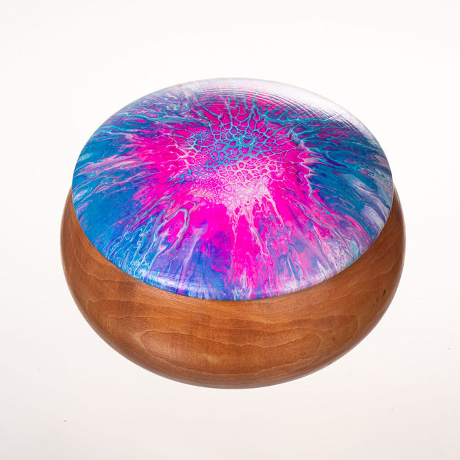 Handcrafted 5" Round Wooden Trinket Box - Pink, Blue & White Bloom Art