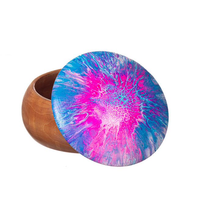 Handcrafted 5" Round Wooden Trinket Box - Pink, Blue & White Bloom Art