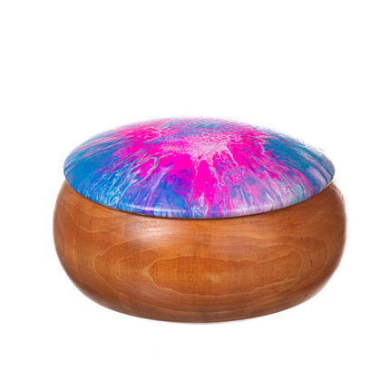 Handcrafted 5" Round Wooden Trinket Box - Pink, Blue & White Bloom Art