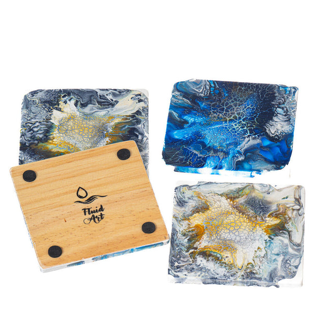 4 Square Wooden Fluid Art Coasters - 4" Blue, Gray, Yellow Ochre & White