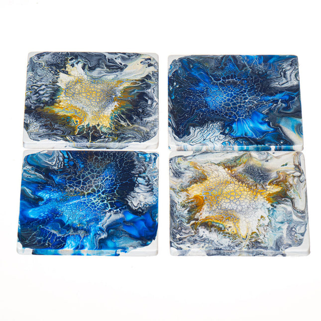 4 Square Wooden Fluid Art Coasters - 4" Blue, Gray, Yellow Ochre & White