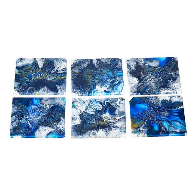 6 Square Ceramic Fluid Art Coasters - 4" Metallic & Vibrant Blues, black, white