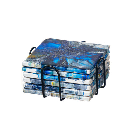 6 Square Ceramic Fluid Art Coasters - 4" Metallic & Vibrant Blues, black, white