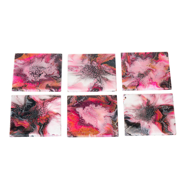 6 Square Ceramic Fluid Art Coasters - Vibrant Pink, Ballet Pink, Ruby, Gold, Black & White