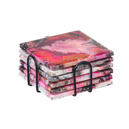 6 Square Ceramic Fluid Art Coasters - Vibrant Pink, Ballet Pink, Ruby, Gold, Black & White
