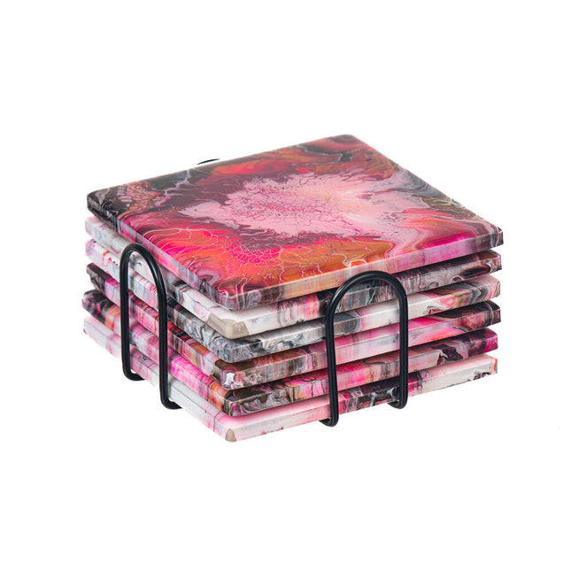 6 Square Ceramic Fluid Art Coasters - Vibrant Pink, Ballet Pink, Ruby, Gold, Black & White