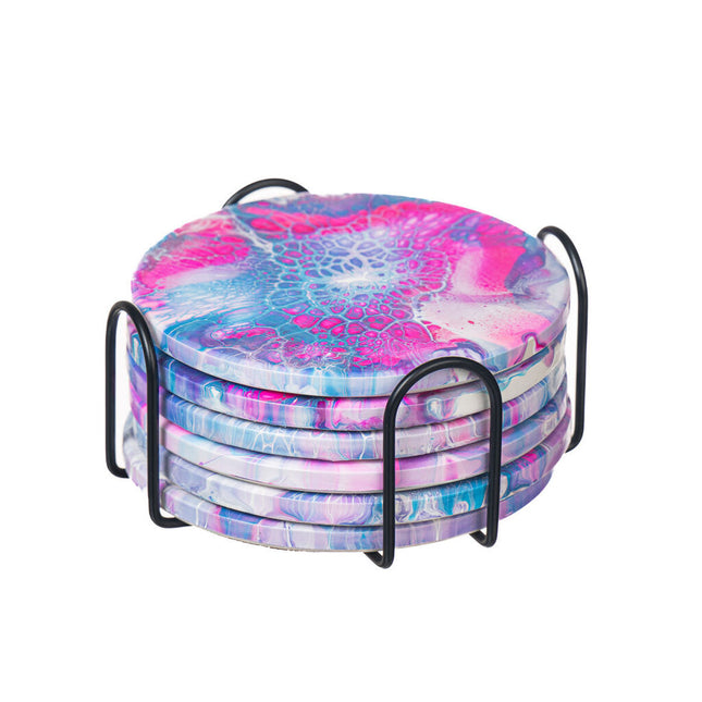 Set of 6 Round Ceramic Fluid Art Coasters