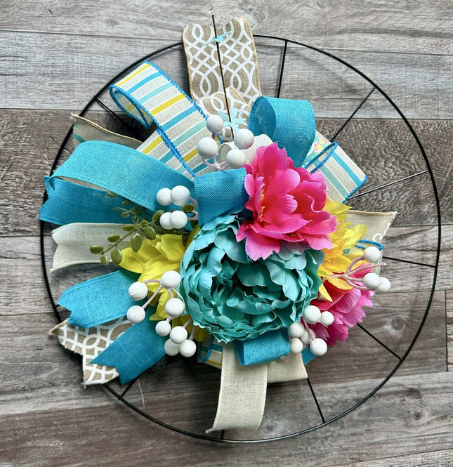 Wheel Door Hanger, Happy Spring Teal Blue & Pink Door Wreath, Floral Door Decor