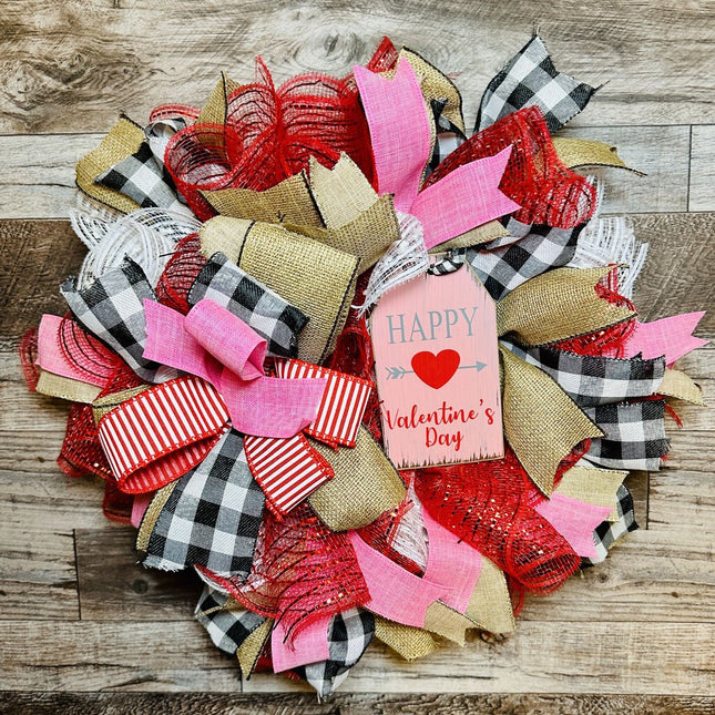 Wreath, Valentine's Day Pixie Small Wreath, Buffalo Plaid, Red & Pink, Front Door Wreath, Valentine Gift