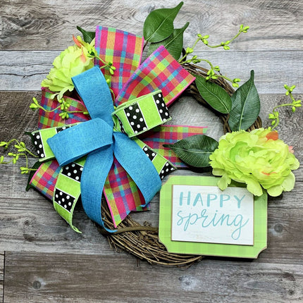 Wreath, Happy Spring Small Floral Grapevine Wreath with Teal, Pink & Yellow, Green Flowers