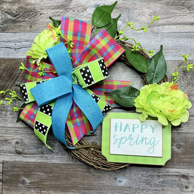 Wreath, Happy Spring Small Floral Grapevine Wreath with Teal, Pink & Yellow, Green Flowers
