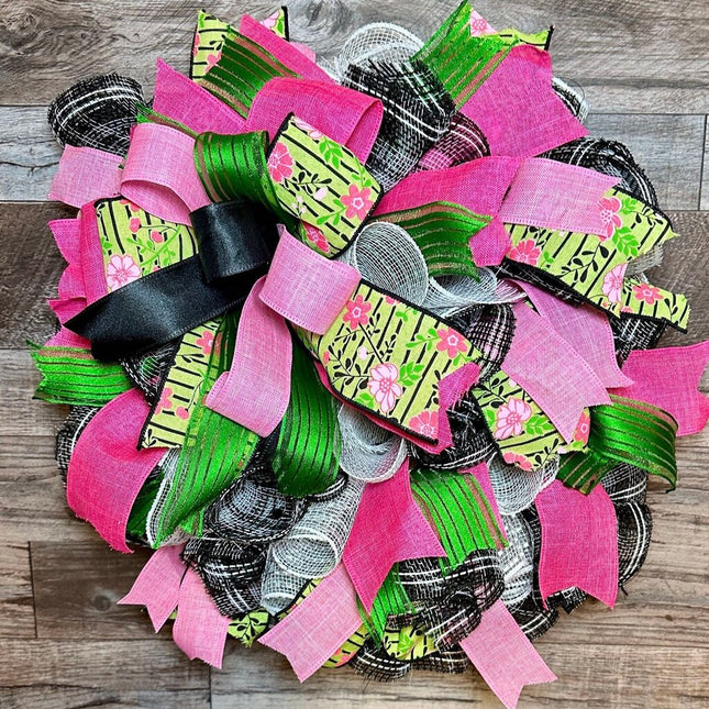 Wreath, Pixie Pink & Green Floral Ribbon Bow Wreath, Easter, Spring & Summer Door Decor