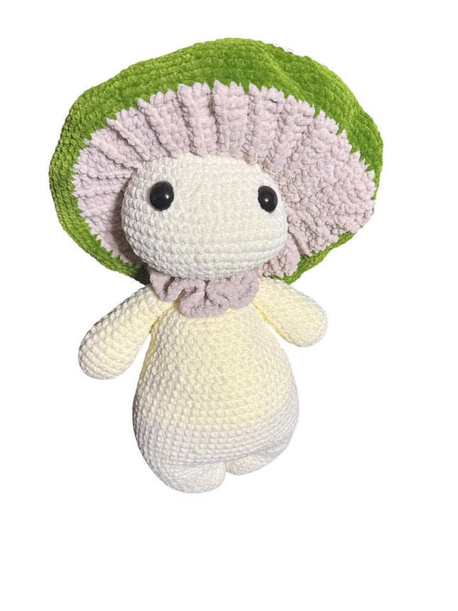 Crocheted giant mushroom sprite stuffie