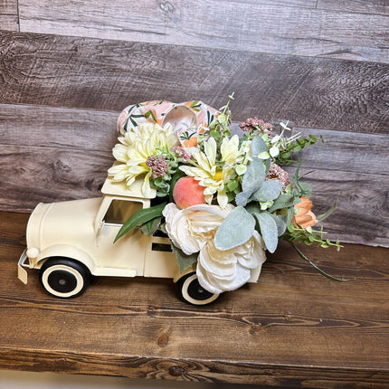 Peach Floral Farmhouse Truck Tabletop Arrangement Centerpiece, Spring Flower Decor