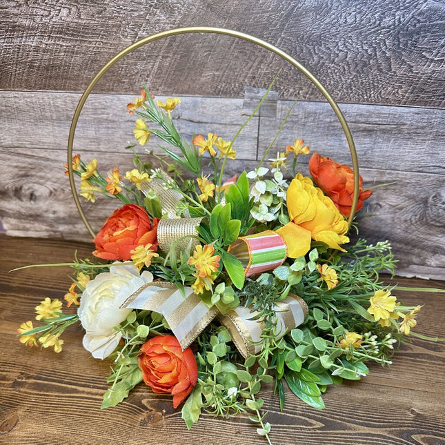 Centerpiece, Gold Hoop Floral Arrangement, Spring Flowers, Table Centerpiece with Bow