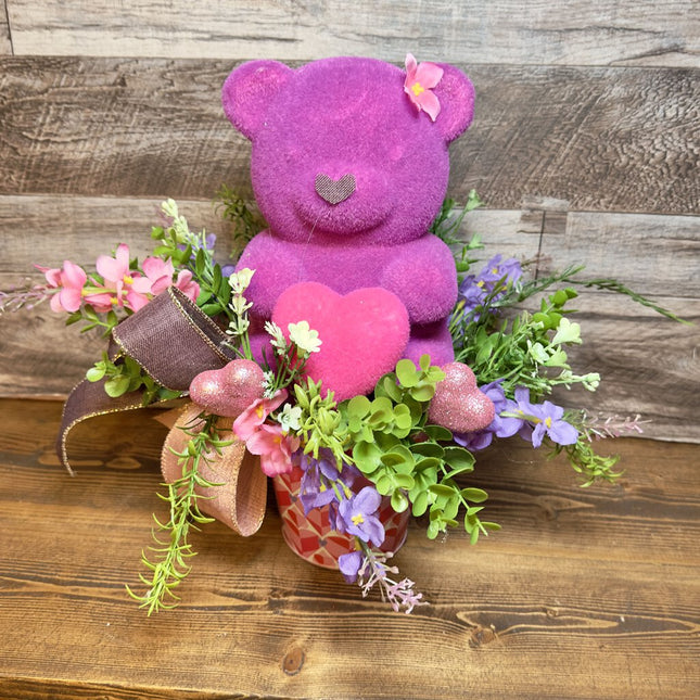 Flocked Bear, Purple & Pink Heart, Valentine's Day Arrangement with Bow, Floral Centerpiece, Gift Idea for Valentine