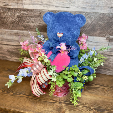 Flocked Bear, Blue & Pink Heart, Valentine's Day Arrangement with Bow, Floral Centerpiece, Gift Idea for Valentine