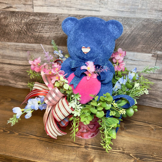 Flocked Bear, Blue & Pink Heart, Valentine's Day Arrangement with Bow, Floral Centerpiece, Gift Idea for Valentine