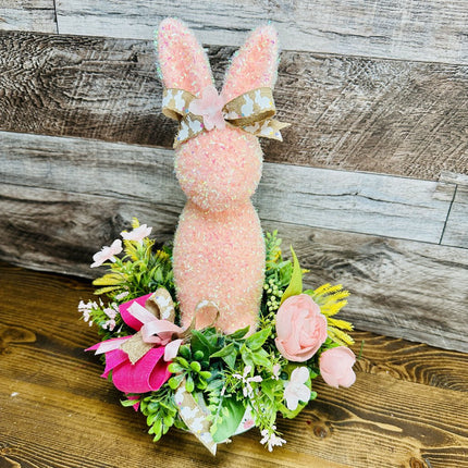 Peachy Pink Bunny Centerpiece Floral Arrangement on Flower Box with Pink & Yellow Flowers, Greenery & Bow