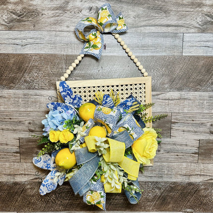 Door Hanger, Floral Blue & Yellow Lemon Butterfly Hanging Arrangement on Rattan Beaded Wreath for Front Door, Kitchen