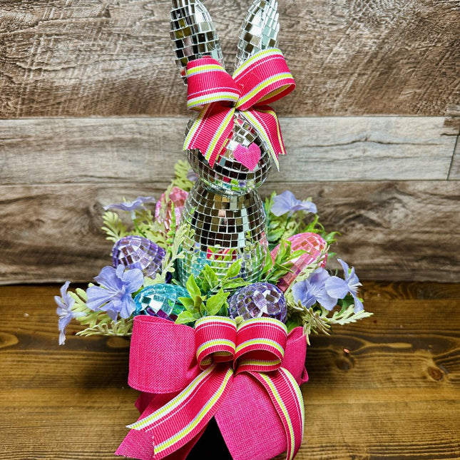 Easter Centerpiece, Disco Ball Bunny & Eggs with Pink Bows, Easter Table Arrangement, Spring Decor