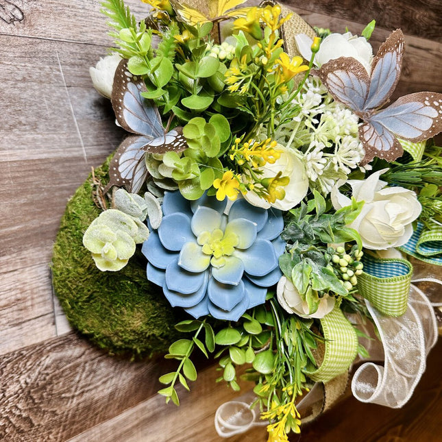 Hanging Moss Basket Floral Arrangement with Butterflies & Succulents