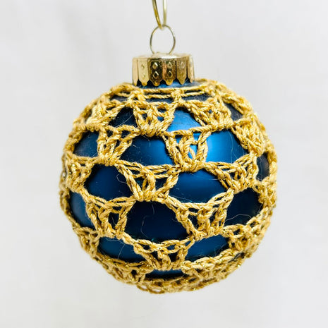 Glass Ball Ornament - Blue with Gold Thread
