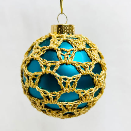 Glass Ball Ornament - Teal with Gold Thread
