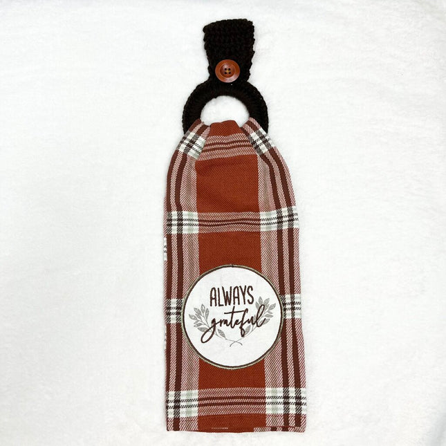 Hanging Towel Set - Always Grateful On Brown Plaid