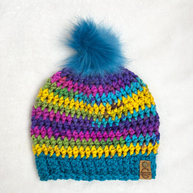 Pom Pom Hat (Adult) - Passion with Electric Blue Brim