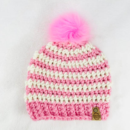 Pom Pom Hat (Child) - Pink & White Stripes
