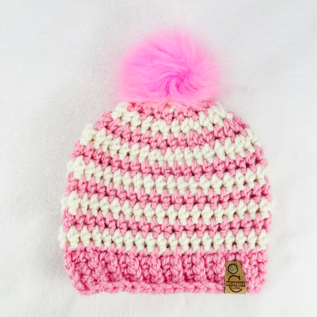 Pom Pom Hat (Child) - Pink & White Stripes
