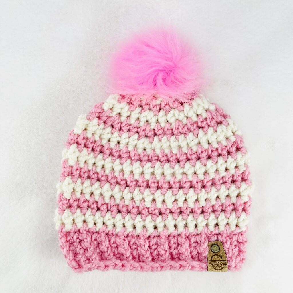 Pom Pom Hat (Child) - Pink & White Stripes