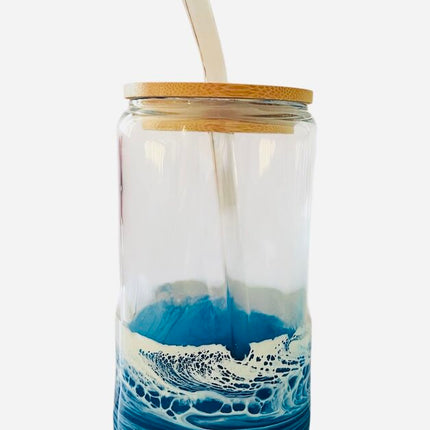 Glass jar with bamboo top Blue