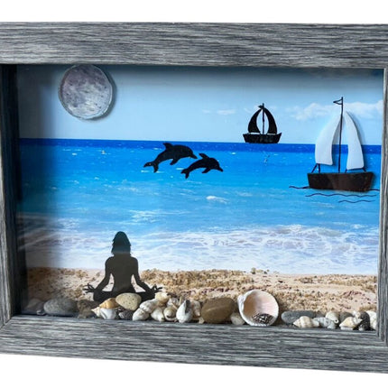 Shadow box, beach background, sailboat