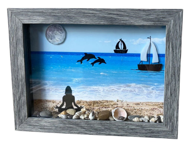 Shadow box, beach background, sailboat