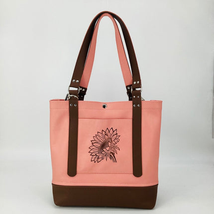 Coral Pink 2 tone Tote w/ Etched Sunflower