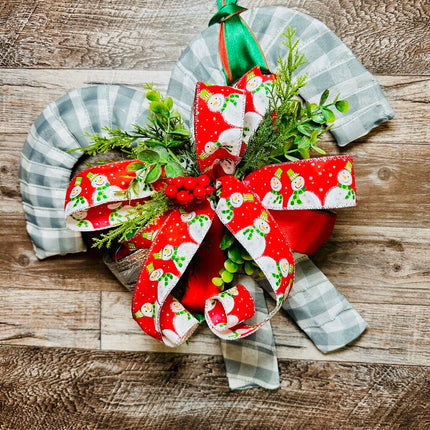Double Candy Cane Door Hanger, Gray Buffalo Plaid w/Red Snowman, Christmas Winter Door Wreath, Holiday Wall Hanging Decor