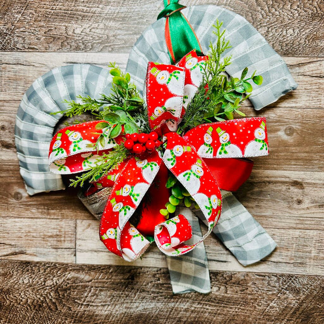 Double Candy Cane Door Hanger, Gray Buffalo Plaid w/Red Snowman, Christmas Winter Door Wreath, Holiday Wall Hanging Decor