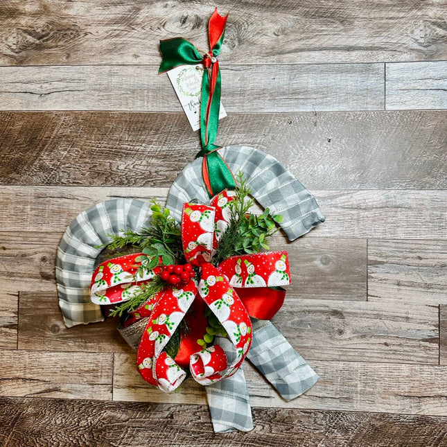 Double Candy Cane Door Hanger, Gray Buffalo Plaid w/Red Snowman, Christmas Winter Door Wreath, Holiday Wall Hanging Decor