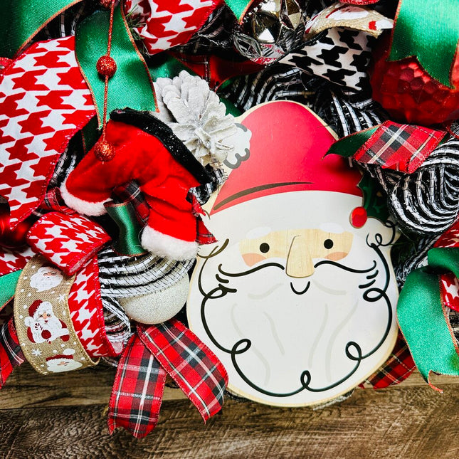 Whimsical Red White Black & Green Santa Christmas Wreath, Funky Holiday Front Door Wreath, Santa Clothes Door Decor
