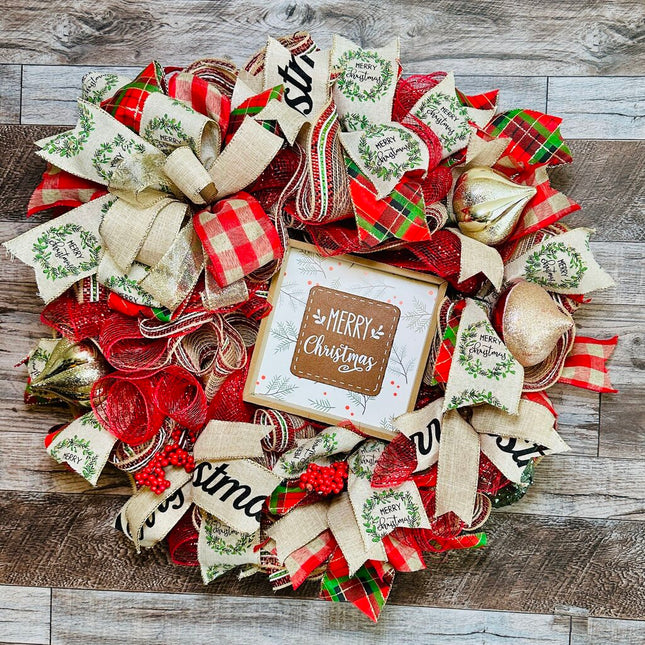 Merry Christmas Wreath, Deco Mesh, Red, Tan & Gold with Sign & Ornaments, Front Door Holiday Wreath