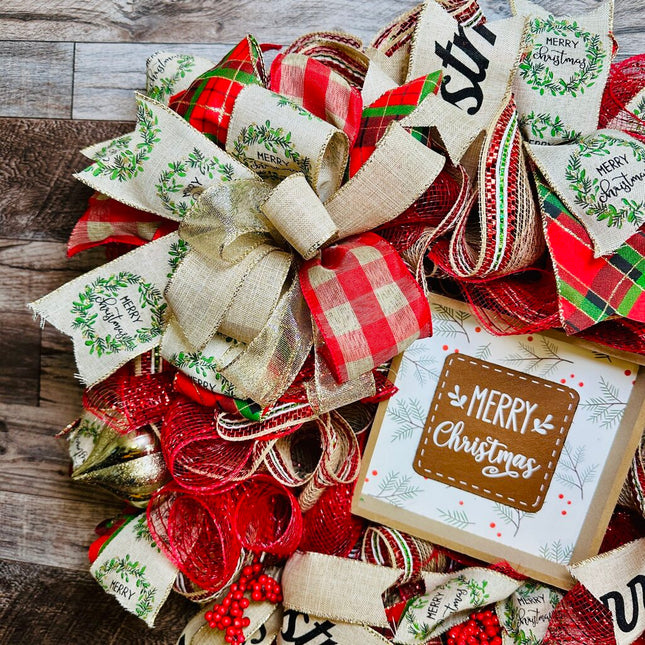 Merry Christmas Wreath, Deco Mesh, Red, Tan & Gold with Sign & Ornaments, Front Door Holiday Wreath