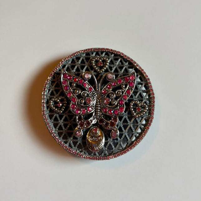 3 X 3 GRAY MAGNET w/ silver & pink rhinestone BUTTERFLY