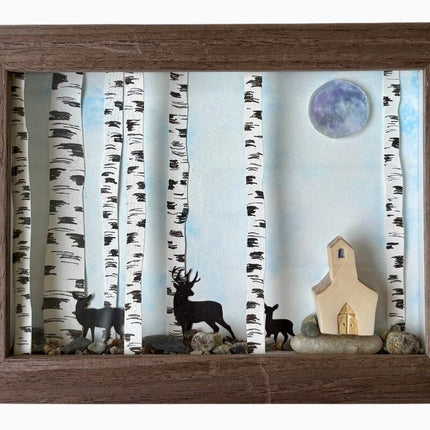 Shadow Box Birch Trees, Deer, Church