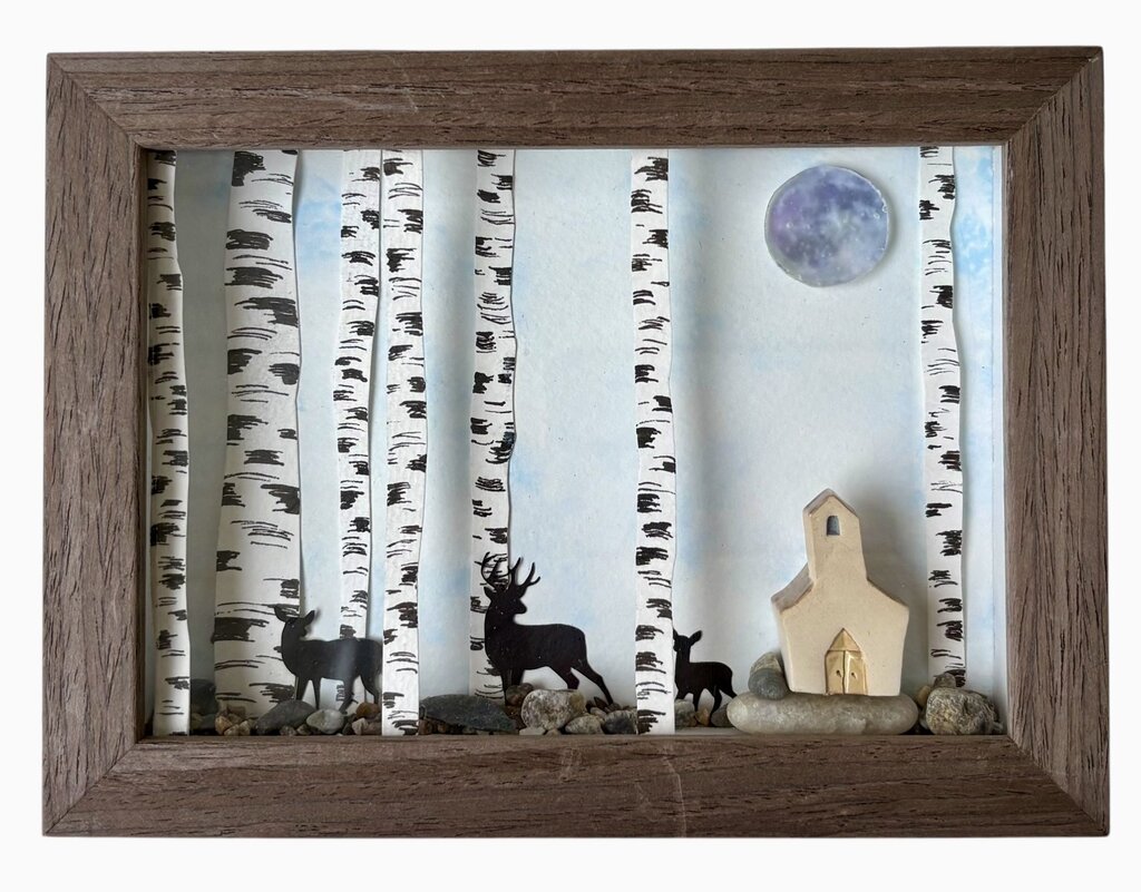 Shadow Box Birch Trees, Deer, Church