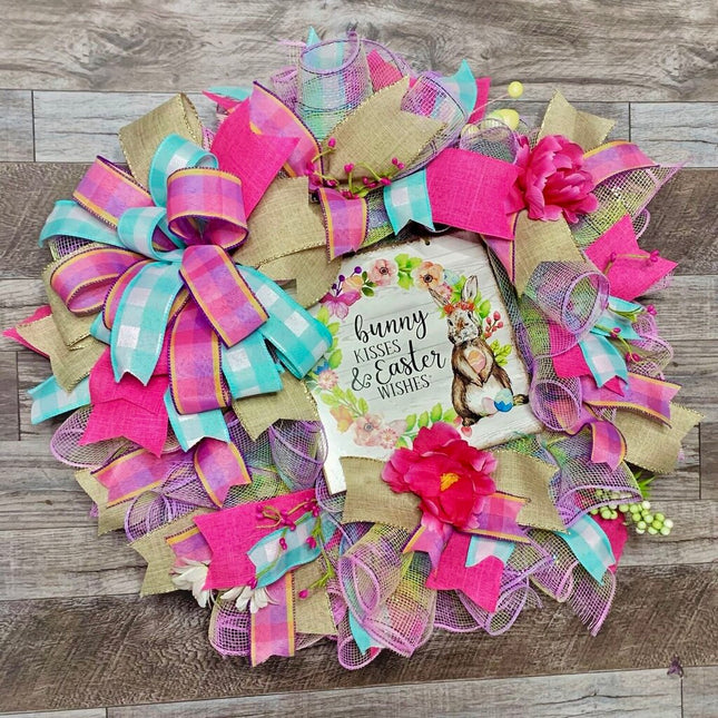 Wreath, Spring Easter Bunny Wreath - Teal Blue & Pink Buffalo Plaid, Pastel Deco Mesh Rabbit Door Decor