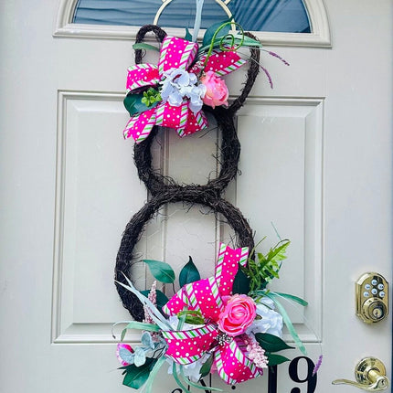 Easter Bunny Door Hanger - Pink & Green Spring Wreath, Bunny Shaped Front Door Decor, Faux Chicken Wire Grapevine Rabbit Door Hanger Wreath